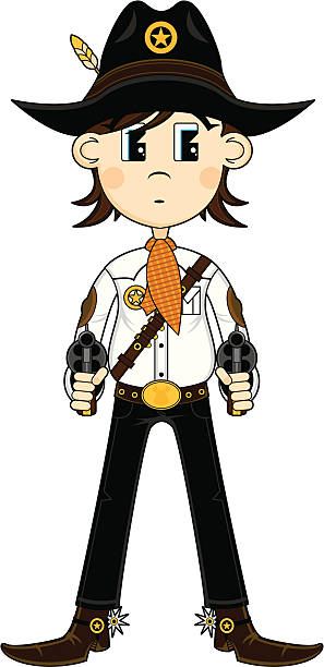 Cute Cowboy Girl Vector Illustration of a Cute Wild West Cowboy Sheriff with Guns. girl with cowboy hat stock illustrations