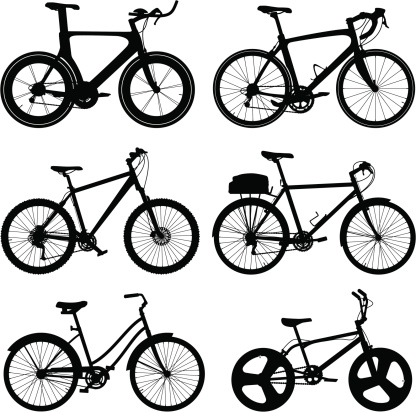 Vector illustration silhouettes of many different types of bikes.