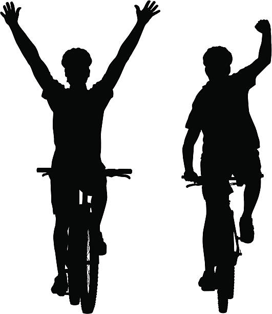 Silhouettes of mountain bike cyclists winning the race vector art illustration