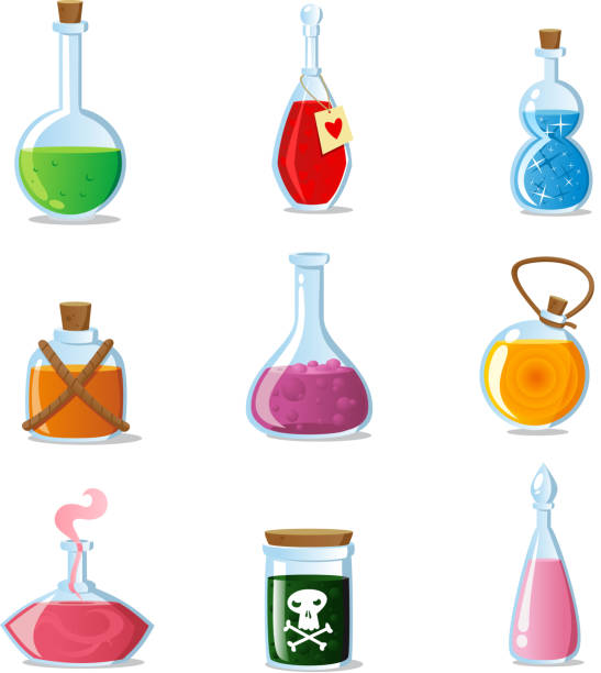 zaubertrank satz von magischen dosen und flaschen containern - potion stock-grafiken, -clipart, -cartoons und -symbole