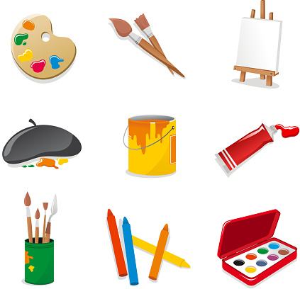 Fine arts icon set. With Color Palette, brush, lectern,  tenses canvas, stretcher, stretcher frame, paint, Acrylic Paint, brushes, crayons, watercolor inks. Vector illustration cartoon. 