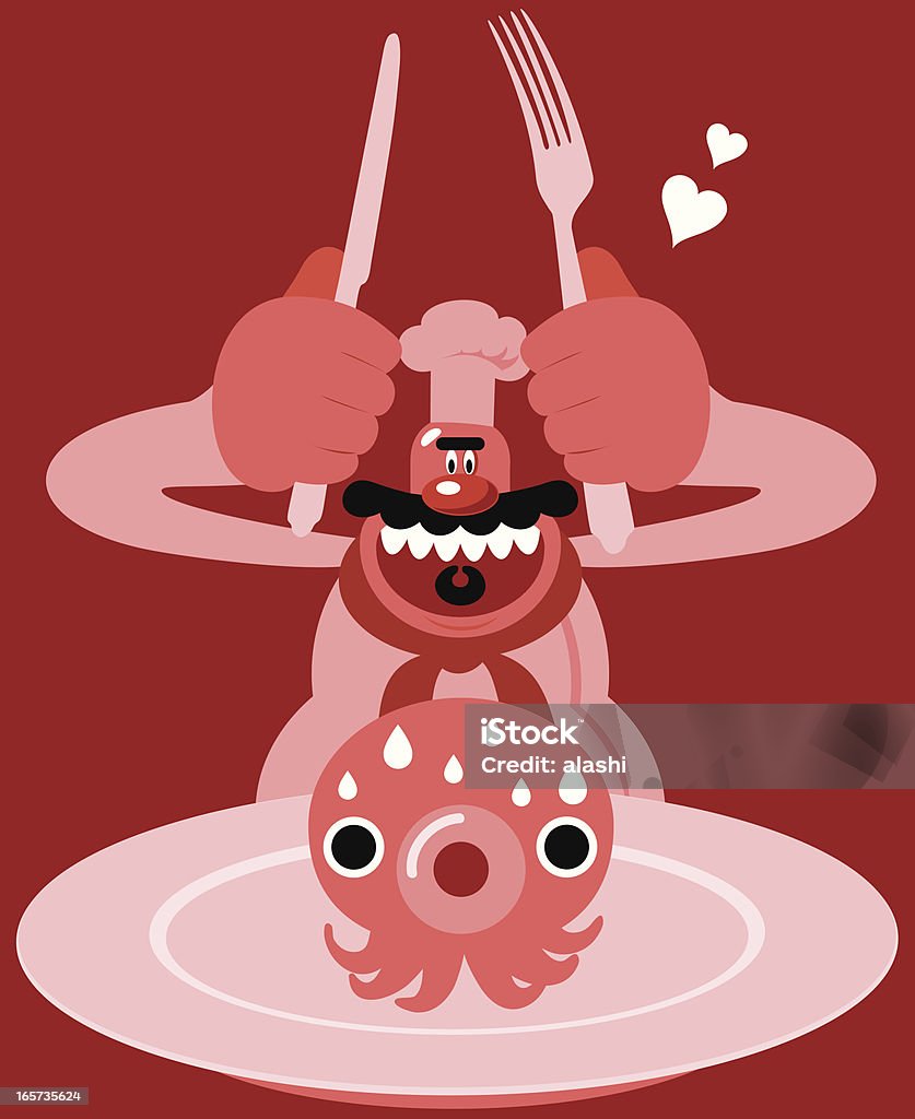 Fantasmagorie Chef tenant une fourchette et un couteau, assiette pieuvre sur le dîner - clipart vectoriel de Cuisiner libre de droits