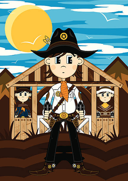 Wild West Cowboy Gunslingers Vector Illustration of three Cute Wild West Cowboy Gunslingers. girl with cowboy hat stock illustrations