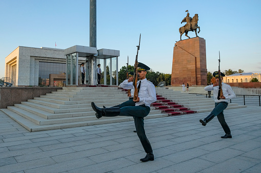 Bishkek, Kyrgyzstan - September 2, 2023: Soldiers conduct the changing of the guard ceremony in Bishkek, Kyrgyzstan.