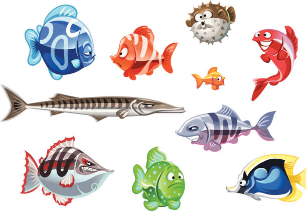 Funny Fish 10 funny fish isolated on white. Vector with layers. bunt stock illustrations