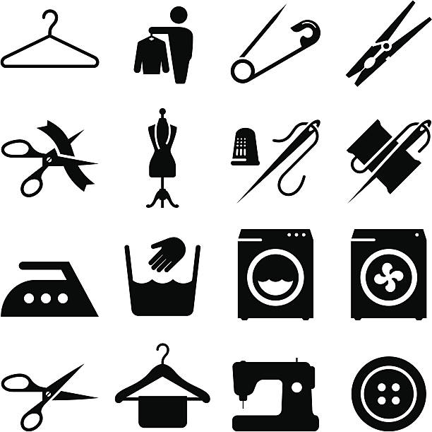 material und stoffe-icons-schwarz-serie - sewing item thread scissors sewing stock-grafiken, -clipart, -cartoons und -symbole