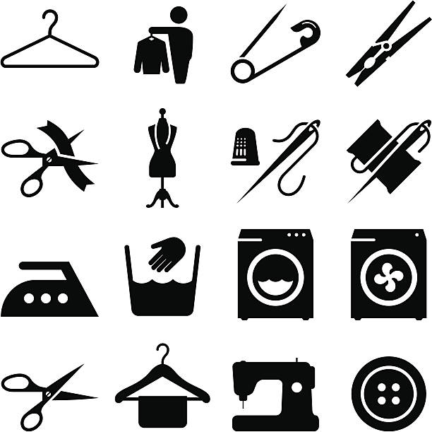 Fabric And Textiles Icons - Black Series Laundry, alterations, dry cleaning and sewing icons. Vector icons for video, mobile apps, Web sites and print projects. See more in this series. laundry stock illustrations