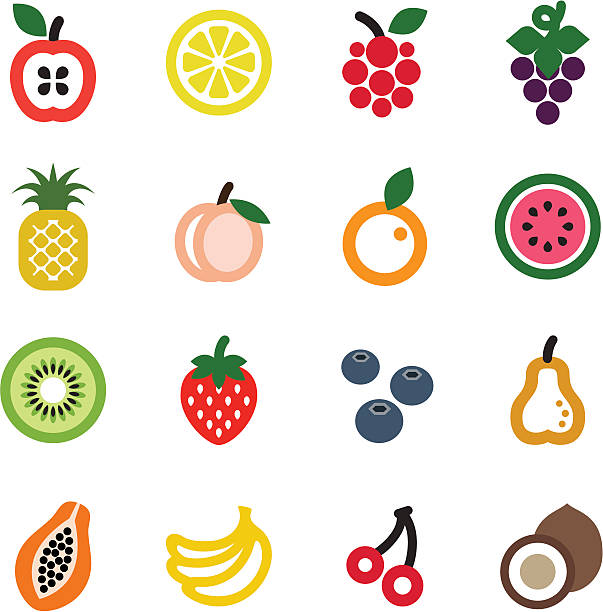 ilustraciones, imágenes clip art, dibujos animados e iconos de stock de conjunto de iconos de frutas - papaya fruta tropical