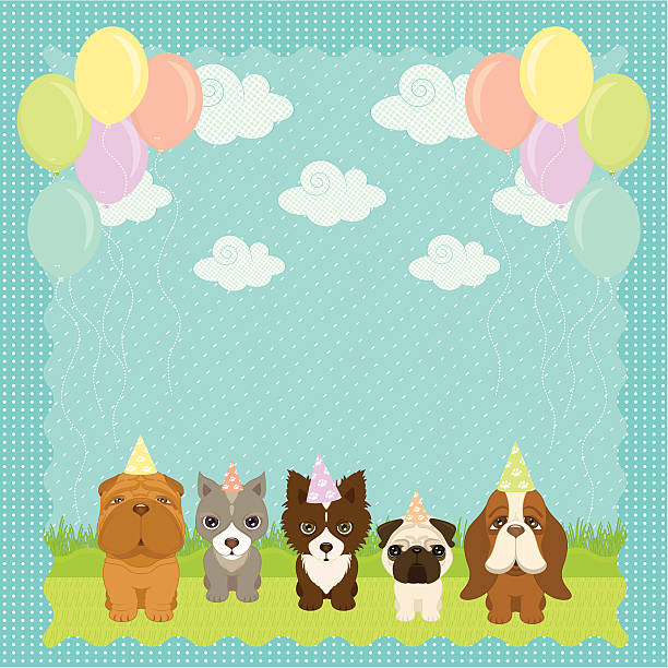 Various dogs having a party outside A Puppies Birthday Party- 25x25cm 300dpi jpg incl. mini shar pei puppies stock illustrations