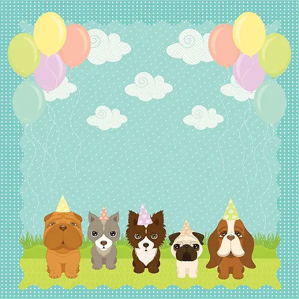 Vector illustration of Various dogs having a party outside