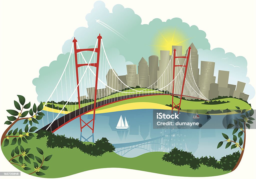 Puente colgante y a la ciudad - arte vectorial de Puente - Estructura creada por humanos libre de derechos
