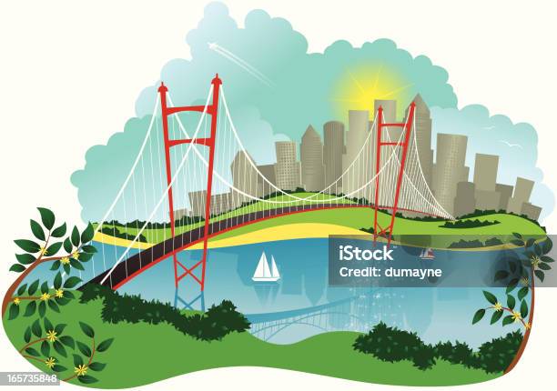 Ilustración de Puente Colgante Y A La Ciudad y más Vectores Libres de Derechos de Puente - Estructura creada por humanos - Puente - Estructura creada por humanos, Acero, Aire libre