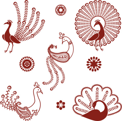 A collection of stylized peacocks inspired by the art of mehndi (henna painting).