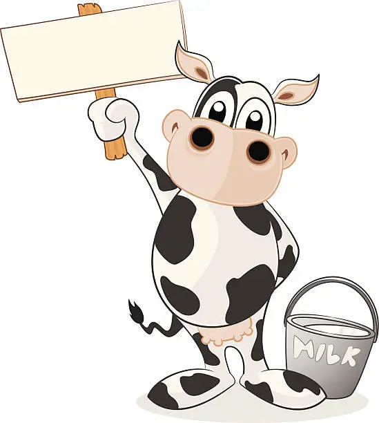 Vector illustration of Dairy Cow holding a blank sign