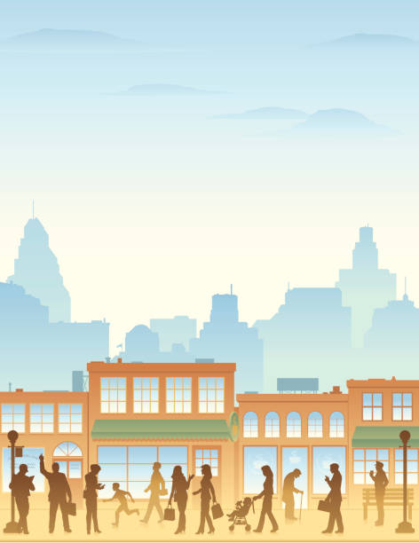 City sidewalk vertical Vector illustration of a variety of people in busy street scene with city backdrop. silhouette mother child crowd stock illustrations