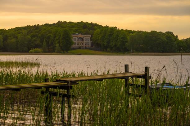 Mölndal, Sweden - May 28 2023: Large villa SKF Slottsviken in evening light.