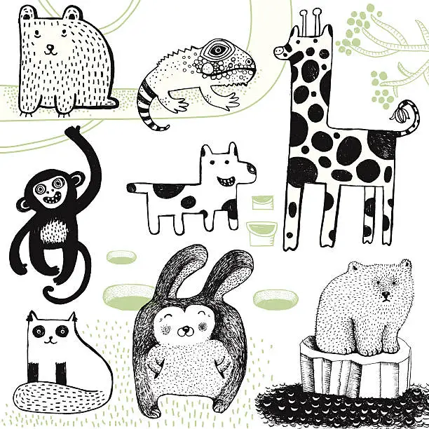 Vector illustration of Giraffe, rabbit, polar bear, monkey, dog, bear and chameleon.