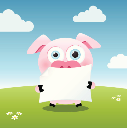 A cute little big eyed pig is holding a blank paper sign.