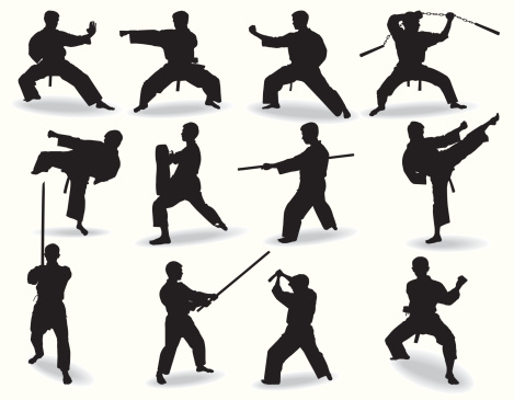 Several well-known martial arts, and their traditional weapons.