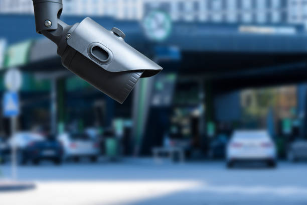 istock closeup on security CCTV camera or surveillance system in service station. 1657362240