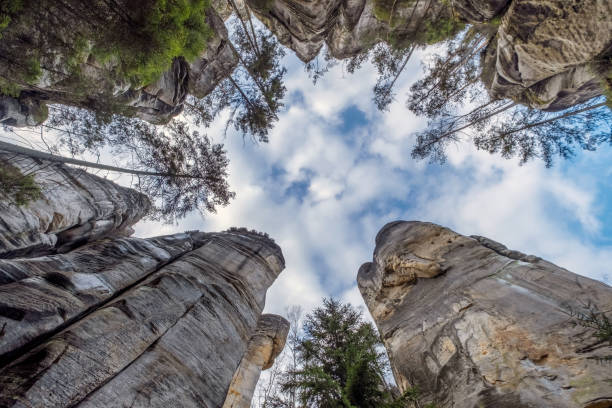 Teplice Rocks bottom view, part of Adrspach-Teplice landscape mountain park in Broumov highlands region of Bohemia, Czech Republic