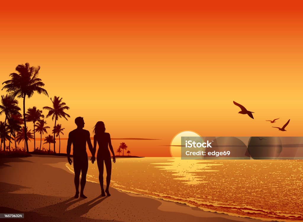 Couple walking on the Beach at Sunset Silhouette of young couple in love during tropical vacation, holding hands and walking on the beach at sunset. All elements are separate objects, grouped and layered. File is made with gradient. Global color used. 300dpi jpeg included.Please take a look at other works of mine linked below.  Beach stock vector