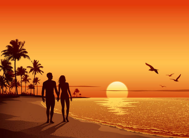 Couple walking on the Beach at Sunset Silhouette of young couple in love during tropical vacation, holding hands and walking on the beach at sunset. All elements are separate objects, grouped and layered. File is made with gradient. Global color used. 300dpi jpeg included.Please take a look at other works of mine linked below.  walking backgrounds stock illustrations
