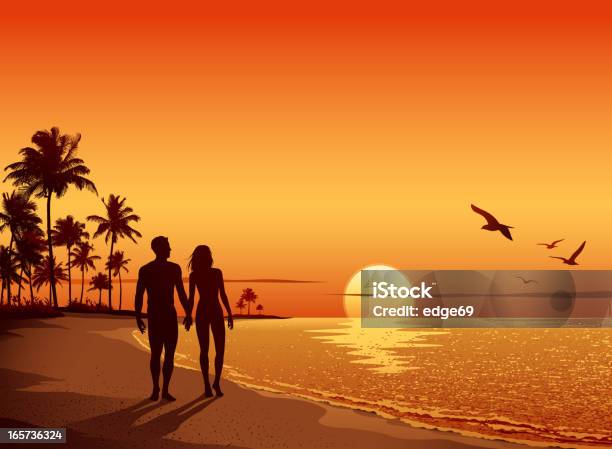 Couple Walking On The Beach At Sunset Stock Illustration - Download Image Now - Beach, Sunset, Couple - Relationship