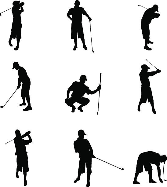 ilustraciones, imágenes clip art, dibujos animados e iconos de stock de los golfistas - golf action silhouette balance