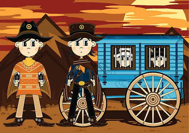 Vector illustration of Cowboy Sheriffs with Jail Wagon