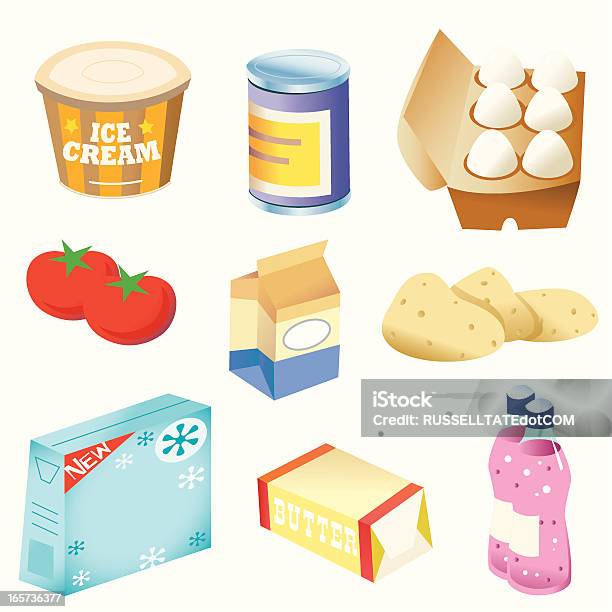 Основные Продукты — стоковая векторная графика и другие изображения на тему Картонная ёмкость - Картонная ёмкость, Мороженое, Круглая корзинка