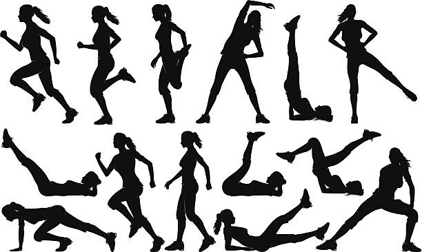 Gym Exercises Silhouettes (female) Detailed silhouettes set of woman exercising, running and walking. exercising illustrations stock illustrations