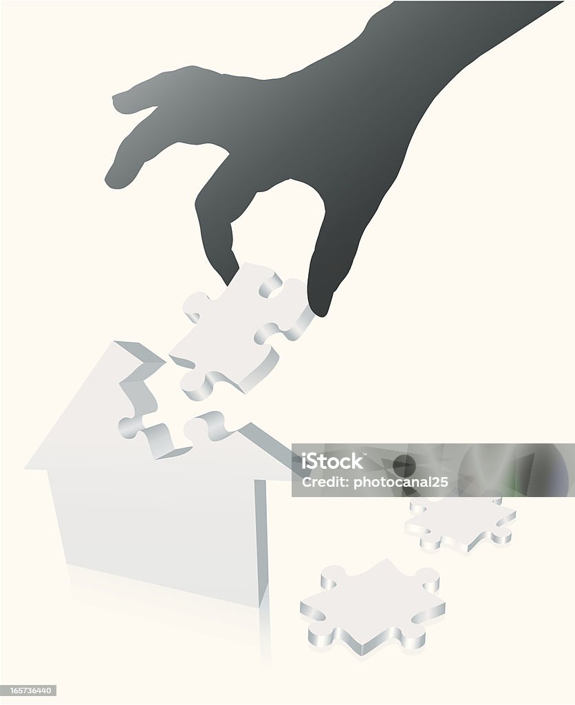 Real Estate Hand silhouette completing a house made of puzzle pieces. Motion stock vector