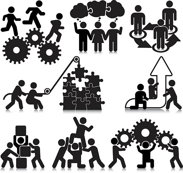 kompakte konzepte: teamwork (teamarbeit - stick figure communication connection thought bubble stock-grafiken, -clipart, -cartoons und -symbole