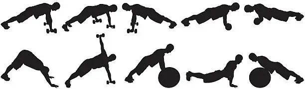 Vector illustration of Men exercising with dumbbells and fitness balls