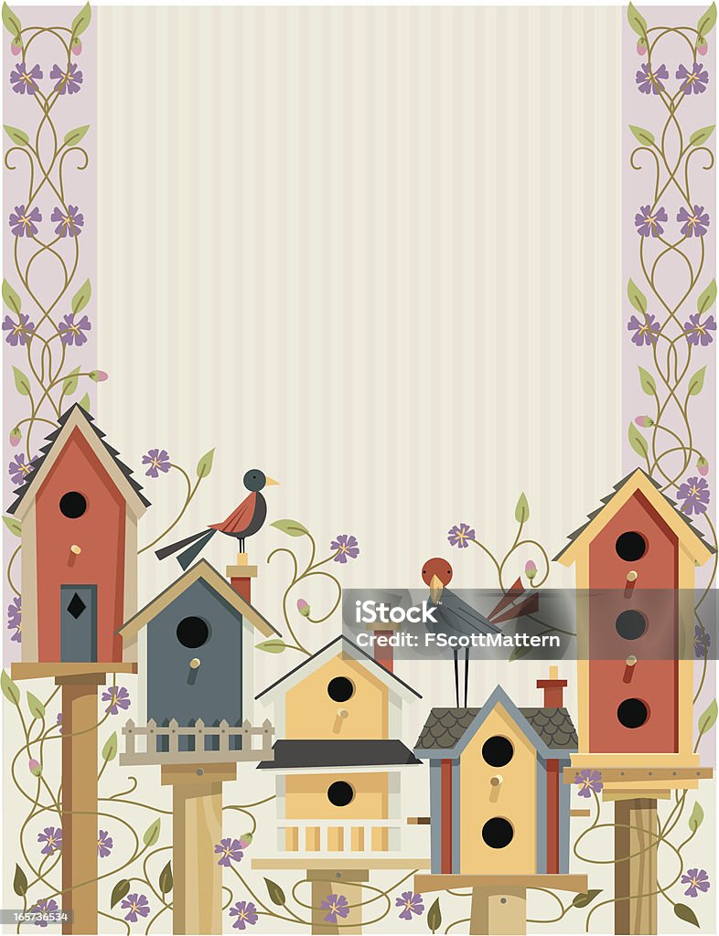 Case uccelli nel giardino di confine - arte vettoriale royalty-free di Casetta per gli uccelli