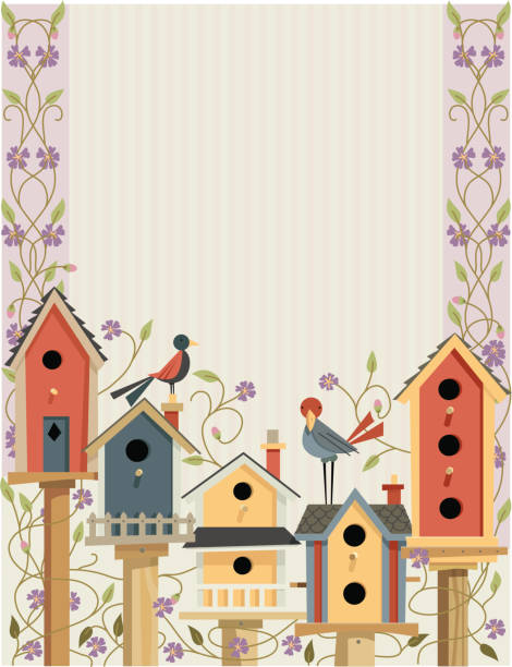 illustrazioni stock, clip art, cartoni animati e icone di tendenza di case uccelli nel giardino di confine - birdhouse