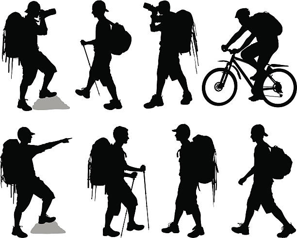 trekking - mountain biking silhouette cycling bicycle stock illustrations