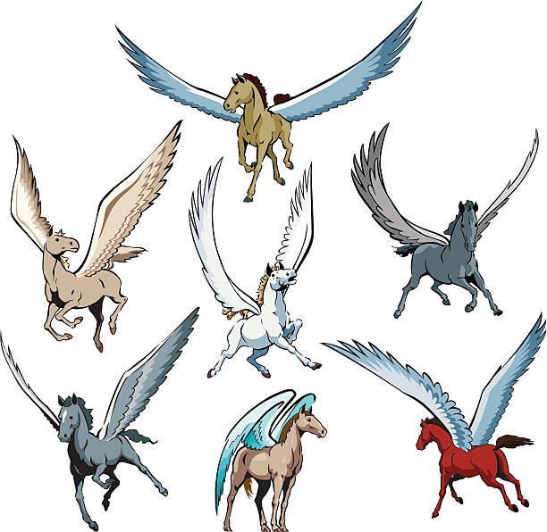 Pegasus Collection of 7 stylized Pegasus drawings. Created with no blends, Adobe Illustrator EPS format. pony wings stock illustrations