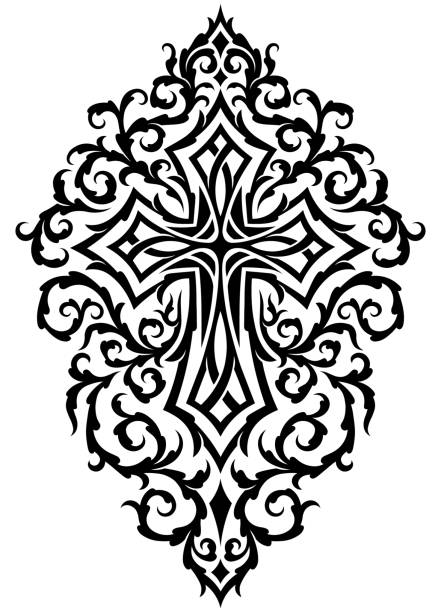 Victorian gothic ornamental cross Elegant cross with ornamental pattern. Tattoo, design and decor element silhouette type. Highly detailed and accurate lines for print or engraving cross tattoo stock illustrations