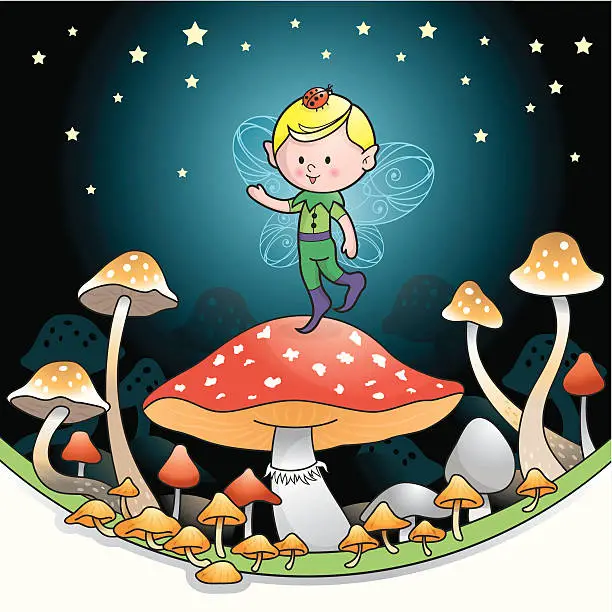Vector illustration of Pixie elf mushroom boy night