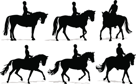 Detailed vector silhouettes of a person riding a horse in walk, trot and canter/gallop during an English riding lesson.