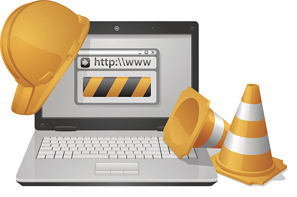 Website Under Construction Laptop with construction helmet and traffic cones.  traffic cone isolated road warning sign three dimensional shape stock illustrations