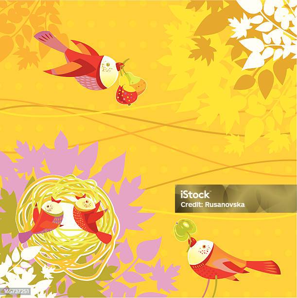 Birds Семья В Осень — стоковая векторная графика и другие изображения на тему В горошек - В горошек, Векторная графика, Гнездо животного