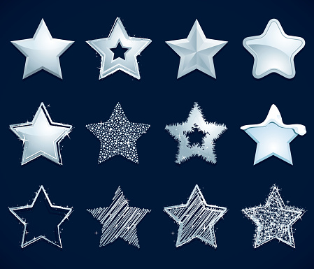 Sparkling silver star icons. Includes a JPG, a transparent PNG, and a version without the background