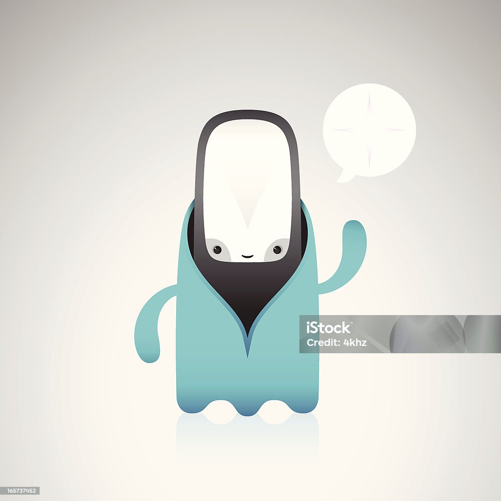 Cute Strange Character From Another Dimension Greets You smiling black character with big head in some strange elemental outfit is waving to you with a light star in a speech bubble. Bizarre stock vector