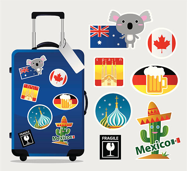 reise koffer mit stickern - koffer stock-grafiken, -clipart, -cartoons und -symbole