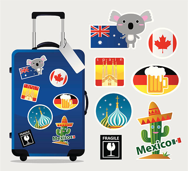 Cartoon suitcase with travel stickers and icons Blue suitcase with colourful stickers. Zip contains AI and PDF formats.  travel sticker stock illustrations