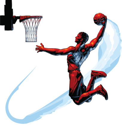 Vector Celshade illustration of basketball player jumping and performing a Slam Dunk, hand drawn with expressive, sketchy lines, etching marks and painterly shapes for added dynamism, using my personal, signature technique and style I call CelScratch, containing NO gradients for maximum compatibility to the software of your choice.