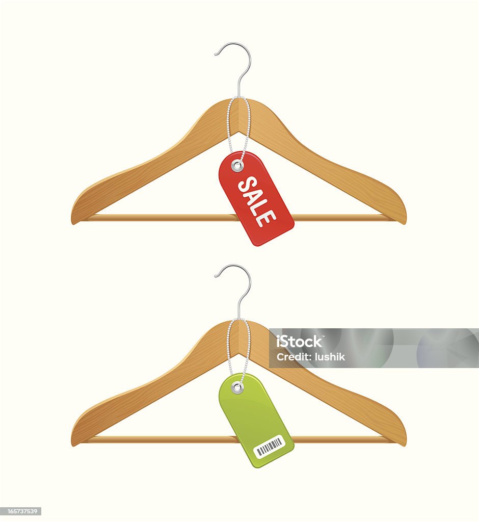 Wooden clothing hangers with red and green sale tags Wooden hangers with price tags. Bar Code stock vector